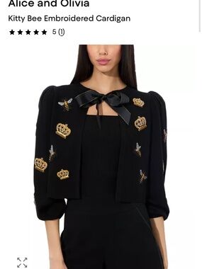 Alice + Olivia Black Embroidered Bee and Crown Cropped Cardigan